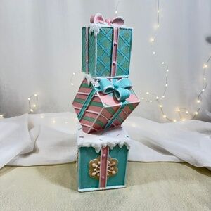 14" Christmas Holiday Pastel Stacked Gingerbread Gift Box Decor